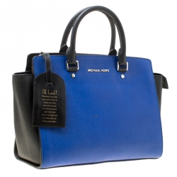 Pre Owned Michael Michael Kors Blue/Black Saffiano Leather Medium Selma Tote