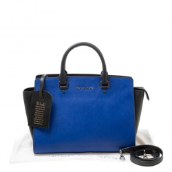 Pre Owned Michael Michael Kors Blue/Black Saffiano Leather Medium Selma Tote