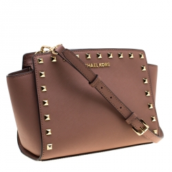Pre Owned Michael Michael Kors Dark Beige Medium Studded Selma Crossbody Bag