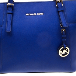 Pre Owned Michael Michael Kors Blue Saffiano Leather Jet Set Top Zip Tote