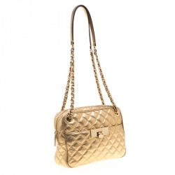 Pre Owned MICHAEL Michael Kors Gold Metallic Leather Large Sloan Chain Shoulder Bag
