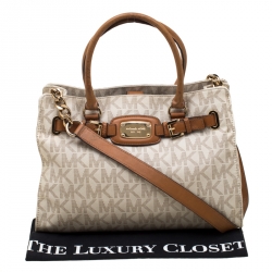 Pre Owned Michael Michael Kors Cream/Brown Coated Canvas and Leather East West Hamilton Tote
