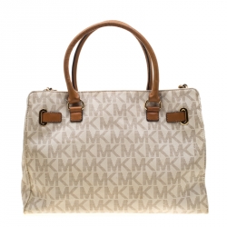 Pre Owned Michael Michael Kors Cream/Brown Coated Canvas and Leather East West Hamilton Tote