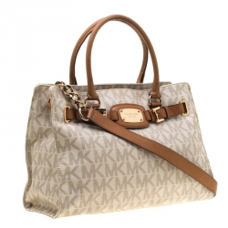 Pre Owned Michael Michael Kors Cream/Brown Coated Canvas and Leather East West Hamilton Tote