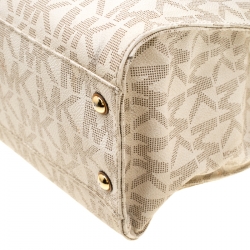 Pre Owned Michael Michael Kors Cream/Brown Coated Canvas and Leather East West Hamilton Tote