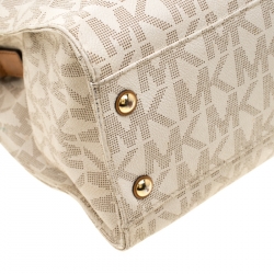 Pre Owned Michael Michael Kors Cream/Brown Coated Canvas and Leather East West Hamilton Tote