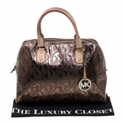 Pre Owned MICHAEL Michael Kors Gunmetal Metallic Mirror Signature PVC Satchel