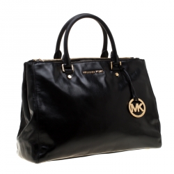 Pre Owned Michael Michael Kors Black Leather Double Zip Jet Set Tote