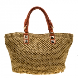 Pre Owned MICHAEL Michael Kors Beige/Orange Raffia and Leather Basket Tote