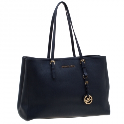 Pre Owned MICHAEL Michael Kors Navy Blue Leather Jet Set  Travel Tote 