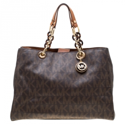 Pre Owned MICHAEL Michael Kors Brown Signature Coated Canvas Medium Cynthia Tote