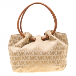 Pre Owned حقيبة يد مايكل مايكل كورس شراشيب حلقة جلد وكانفاس شهيرة بنية/ بيج