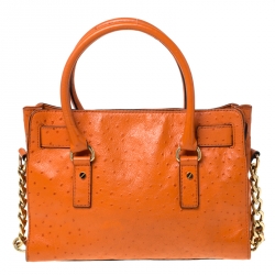 Pre Owned MICHAEL Michael Kors Orange Ostrich Embossed Leather Medium Hamilton Tote