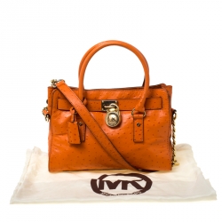 Pre Owned MICHAEL Michael Kors Orange Ostrich Embossed Leather Medium Hamilton Tote