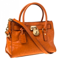 Pre Owned MICHAEL Michael Kors Orange Ostrich Embossed Leather Medium Hamilton Tote