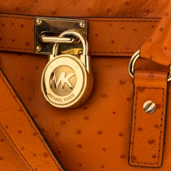 Pre Owned MICHAEL Michael Kors Orange Ostrich Embossed Leather Medium Hamilton Tote