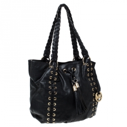 Pre Owned Michael Michael Kors Black Leather Astor Grommet Drawstring Tote