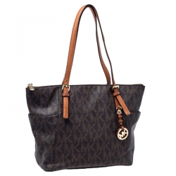 Pre Owned MICHAEL Michael Kors Dark Brown Signature Coated Canvas Top Zip Jet Set Tote