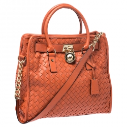 Pre Owned MICHAEL Michael Kors Orange Woven Leather Large Hamilton Tote 