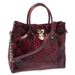 Pre Owned حقيبة يد مايكل مايكل كورس Hamilton جلد نقش ثعبان سوداء/ حمرا ء