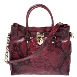 Pre Owned حقيبة يد مايكل مايكل كورس Hamilton جلد نقش ثعبان سوداء/ حمراء