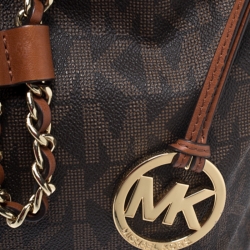 Pre Owned MICHAEL Michael Kors Brown Signature Coated Canvas and Leather Frankie Bucket Bag