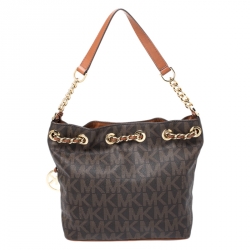 Pre Owned MICHAEL Michael Kors Brown Signature Coated Canvas and Leather Frankie Bucket Bag