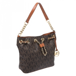 Pre Owned MICHAEL Michael Kors Brown Signature Coated Canvas and Leather Frankie Bucket Bag