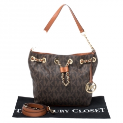 Pre Owned MICHAEL Michael Kors Brown Signature Coated Canvas and Leather Frankie Bucket Bag