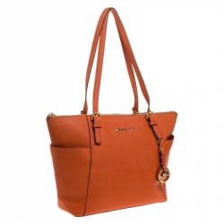 Pre Owned MICHAEL Michael Kors Orange Saffiano Leather Top Zip Jet Set Tote