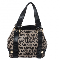 Pre Owned MICHAEL Michael Kors Black/Beige Signature Canvas and Leather Harness Grab Shoulder Bag