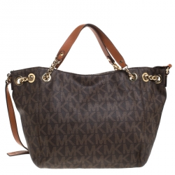 Pre Owned Michael Michael Kors Brown Signature Leather Jet Set Chain Hobo