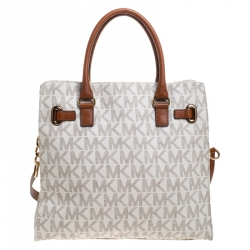 Pre Owned Michael Michael Kors Cream/Brown Coated Canvas and Leather East West Hamilton Tote