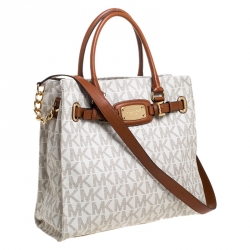 Pre Owned Michael Michael Kors Cream/Brown Coated Canvas and Leather East West Hamilton Tote