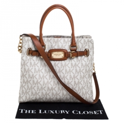 Pre Owned Michael Michael Kors Cream/Brown Coated Canvas and Leather East West Hamilton Tote