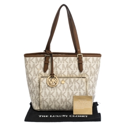 Pre Owned MICHAEL Michael Kors Ivory/Brown PVC and Leather Snap Pocket Tote