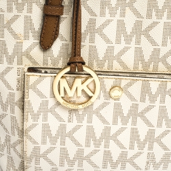 Pre Owned MICHAEL Michael Kors Ivory/Brown PVC and Leather Snap Pocket Tote