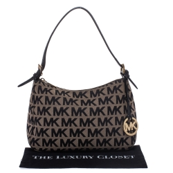 Pre Owned MICHAEL Michael Kors Beige/Black Signature Canvas and Leather Shoulder Bag