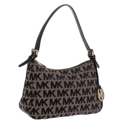 Pre Owned MICHAEL Michael Kors Beige/Black Signature Canvas and Leather Shoulder Bag