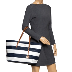 Pre Owned Michael Kors Tricolor Stripe Saffiano Leather Jet Set Tote