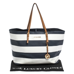 Pre Owned Michael Kors Tricolor Stripe Saffiano Leather Jet Set Tote