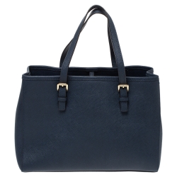 Pre Owned Michael Michael Kors Navy Blue Leather Jet Set Tote