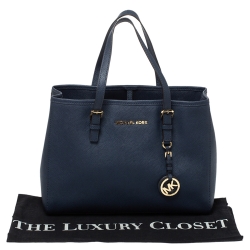 Pre Owned Michael Michael Kors Navy Blue Leather Jet Set Tote
