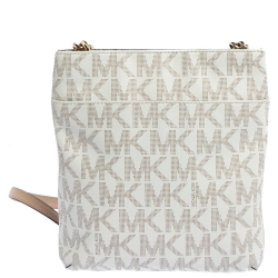 Pre Owned Michael Michael Kors White Signature Coated Canvas and Leather Crossbody Bag