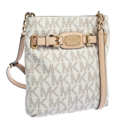 Pre Owned Michael Michael Kors White Signature Coated Canvas and Leather Crossbody Bag