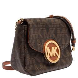 Pre Owned MICHAEL Michael Kors Brown Signature Coated Canvas and Leather Fulton Crossbody Bag