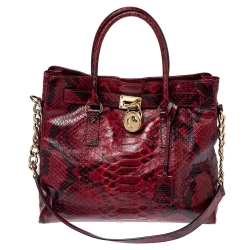 Pre Owned MICHAEL Michael Kors Red/Black Python Embossed Leather Hamilton Tote
