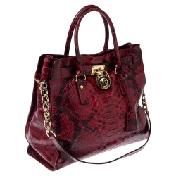 Pre Owned MICHAEL Michael Kors Red/Black Python Embossed Leather Hamilton Tote