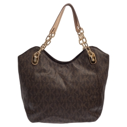 Pre Owned MICHAEL Michael Kors Brown Signature Coated Canvas and Leather Lilly Chain Hobo