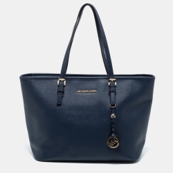 Pre Owned MICHAEL Michael Kors Navy Blue Leather Medium Jet Set Travel Tote